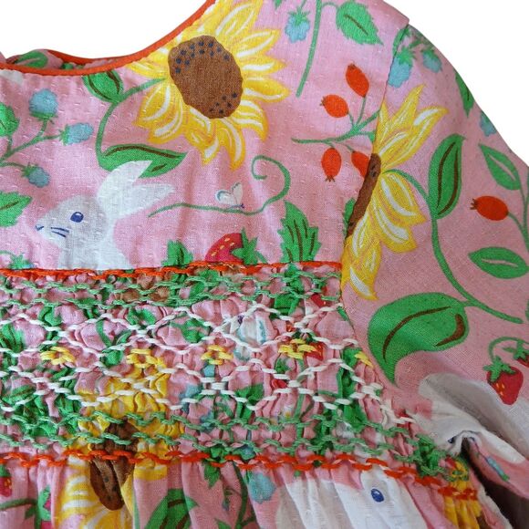 Mini Boden Pink Floral Bunnies Summer Sunflowers Dress Size 2-3Y Embroidered Euc - Picture 6 of 16